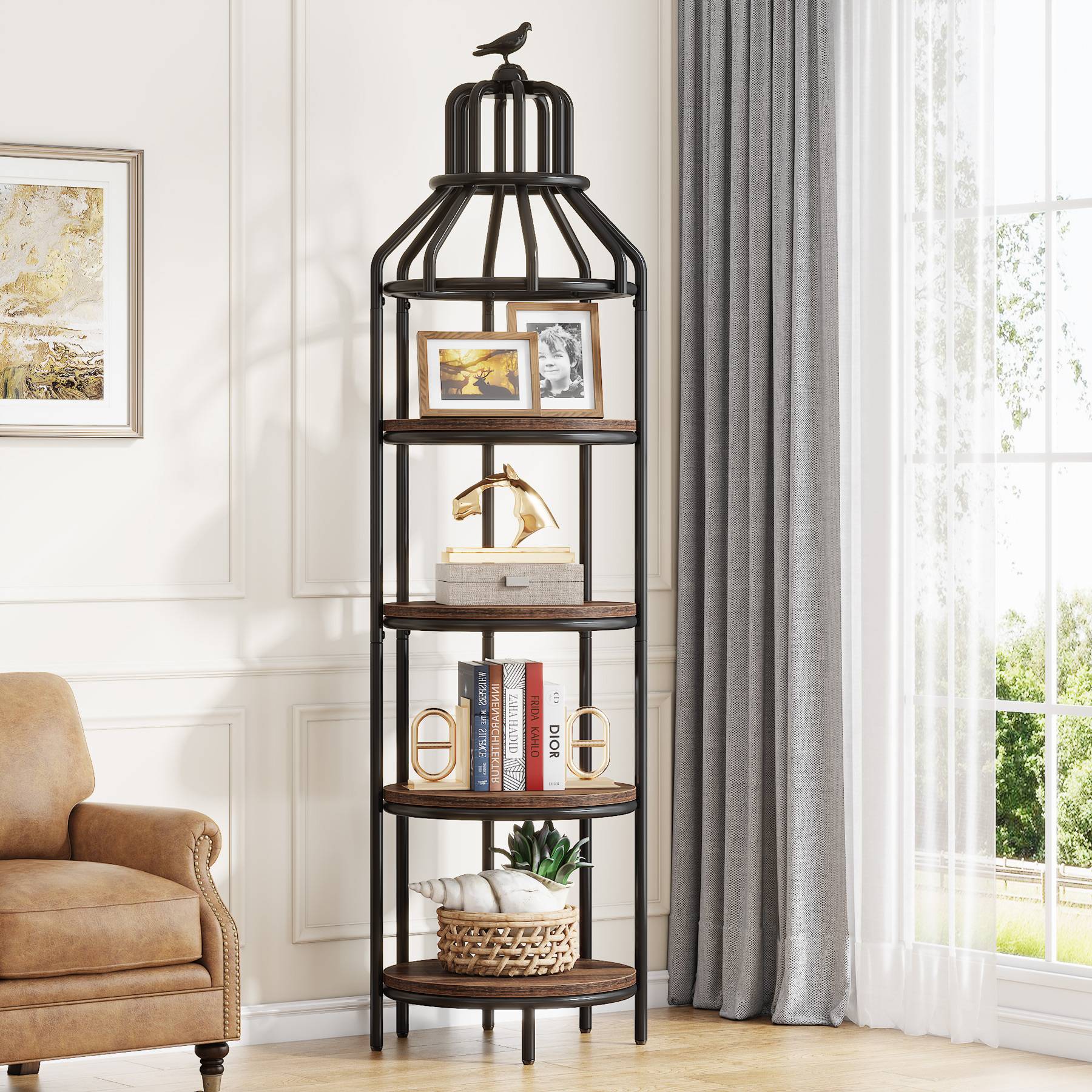 Industrial Bookshelf, 4-Tier Etagere Bookcase with Bird Cage Design