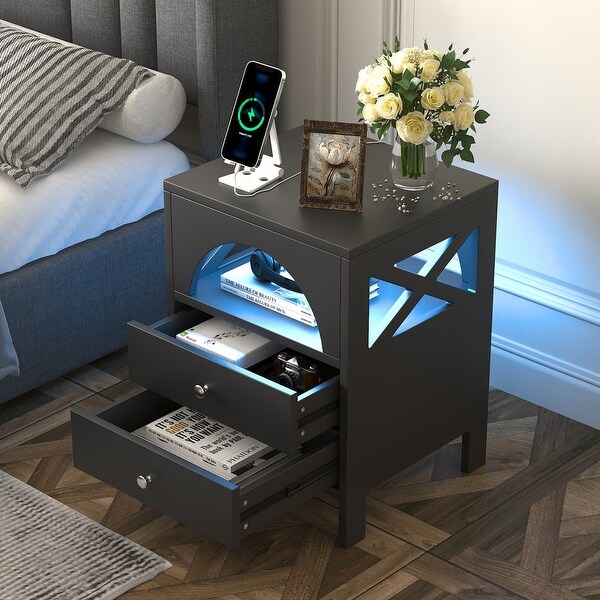 Modern 2 Drawers Nightstand with USB Charging Ports and LED Lights - - 37388176