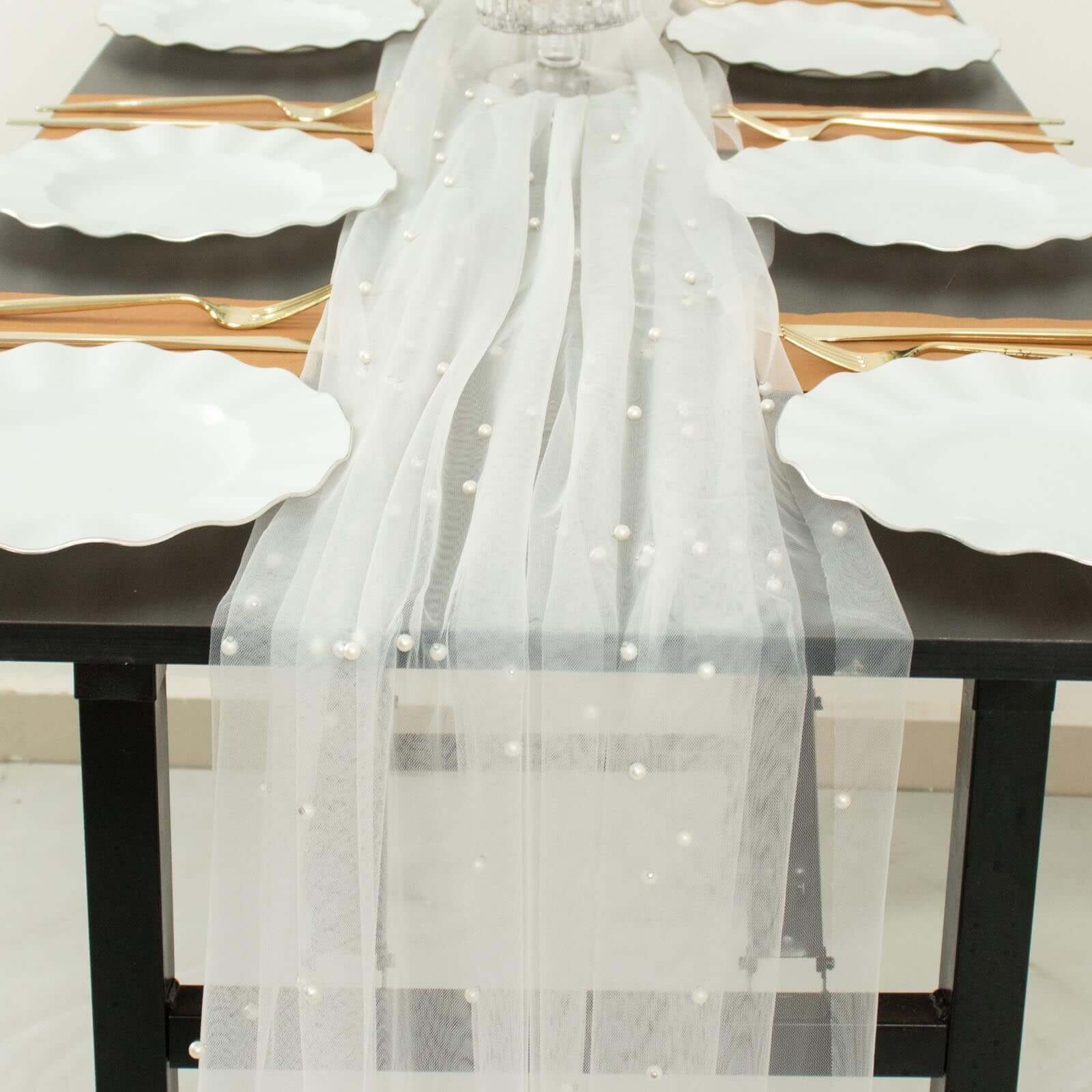 White Pearl Embellished Sheer Tulle Table Runner, Elegant Formal Table Linen 48