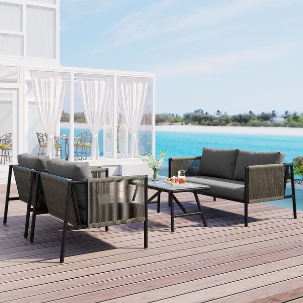 4Piece Rope Patio Conversation Set With Thick Cushions，With Toughened Glass Tabletop