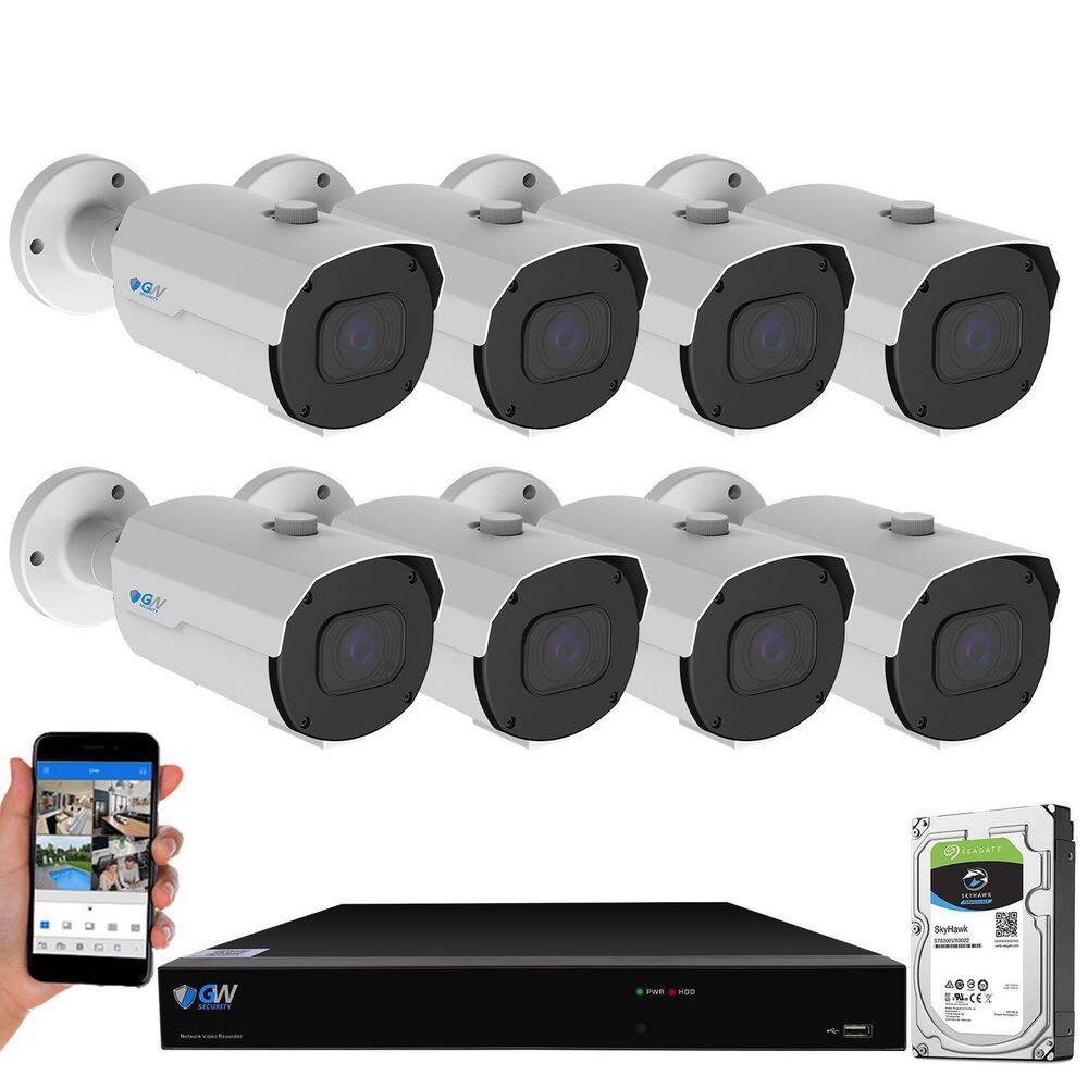 GW Security 16-Channel 8MP NVR 4TB HDD Surveillance System with 12 Wired IP Bullet Cameras 2.7 mm to 13.5 mm Motorized Lens 30 FPS 8550RMMIC12-4T