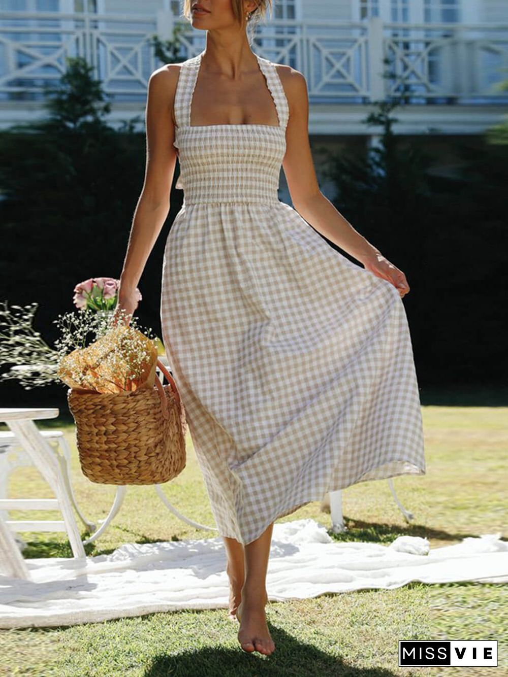 Pastoral Check Backless Midi Dress