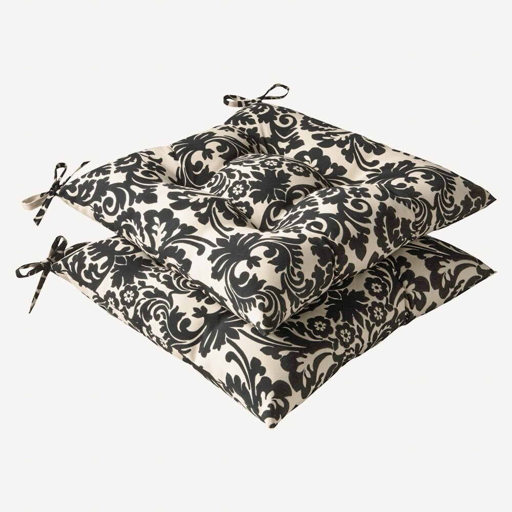 Pillow Perfect Outdoor Black/ Beige Damask Tufted Seat Cushions (Set of 2)