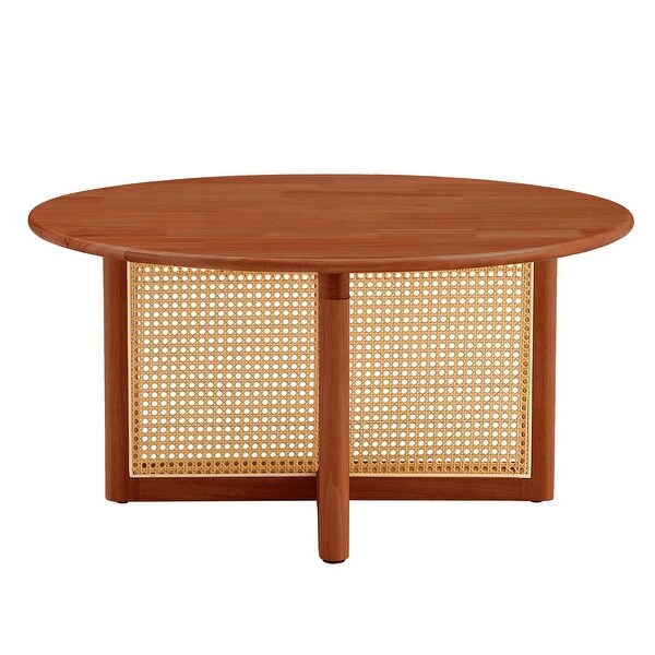 Elegant Wooden Coffee Table with Faux Rattan Accents