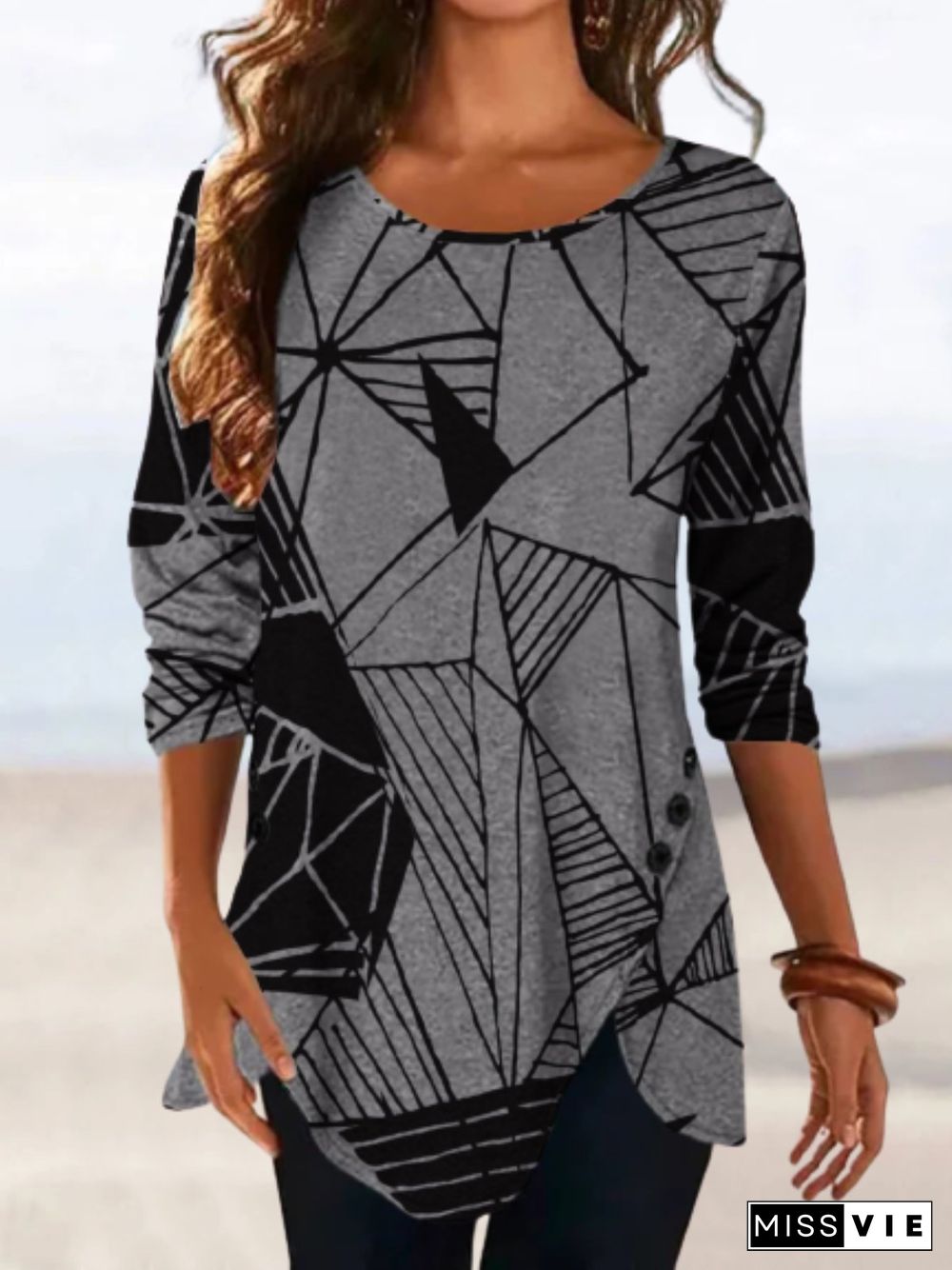 Casual Abstract Long Sleeve Crew Neck Plus Size Printed Tops T-shirts