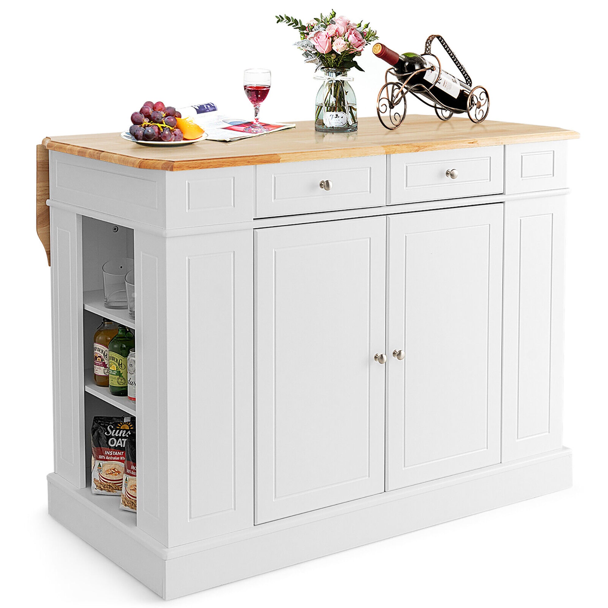 Gymax Large Kitchen Island Drop Leaf Breakfast Bar w/ Wood Top Shelves Drawers White