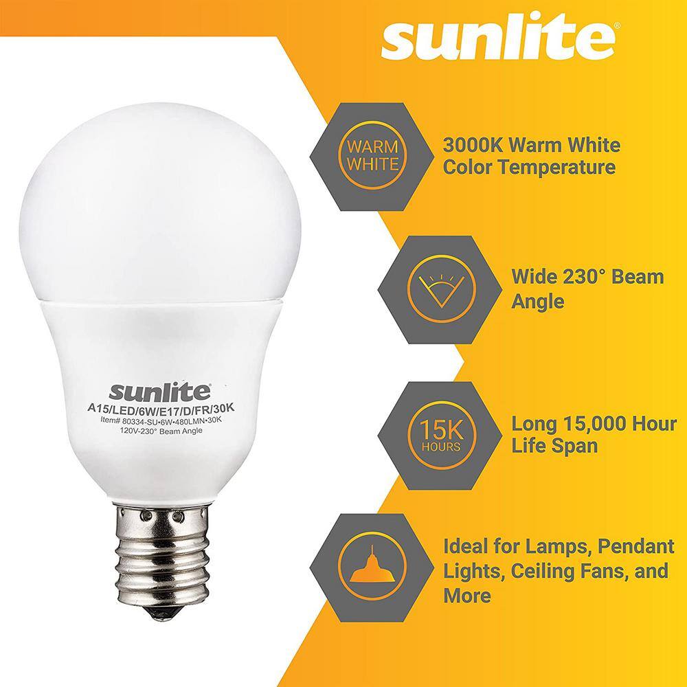 Sunlite 6-Watt A15 LED Dimmable Intermediate E17 Base Appliance LED Light Bulbs in Warm White 3000K (6-Pack) HD03014-6