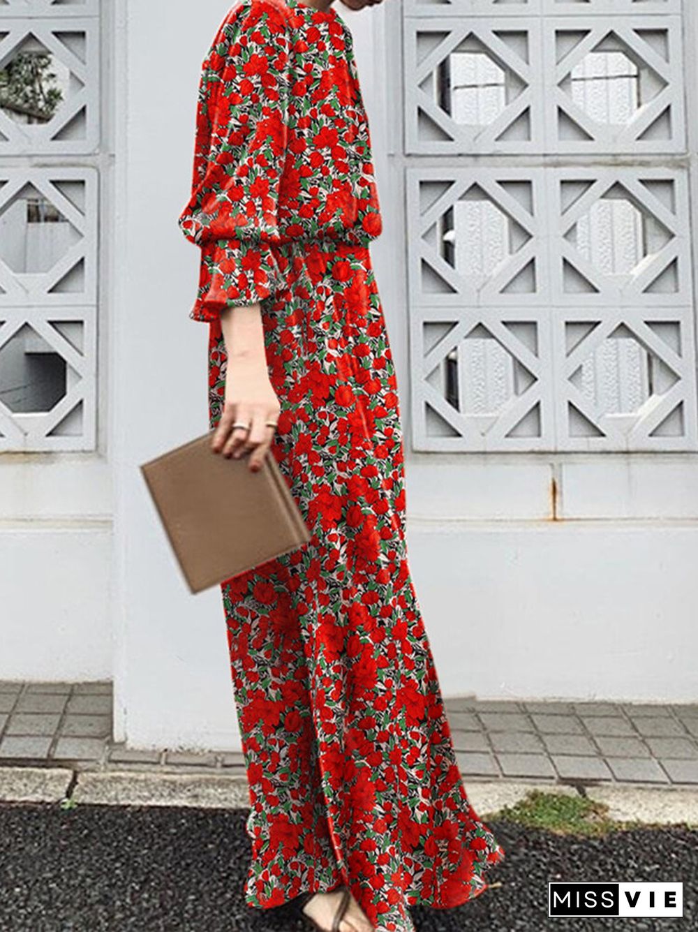 Floral Print Slit Long Bell Sleeve Crew Neck Maxi Dress