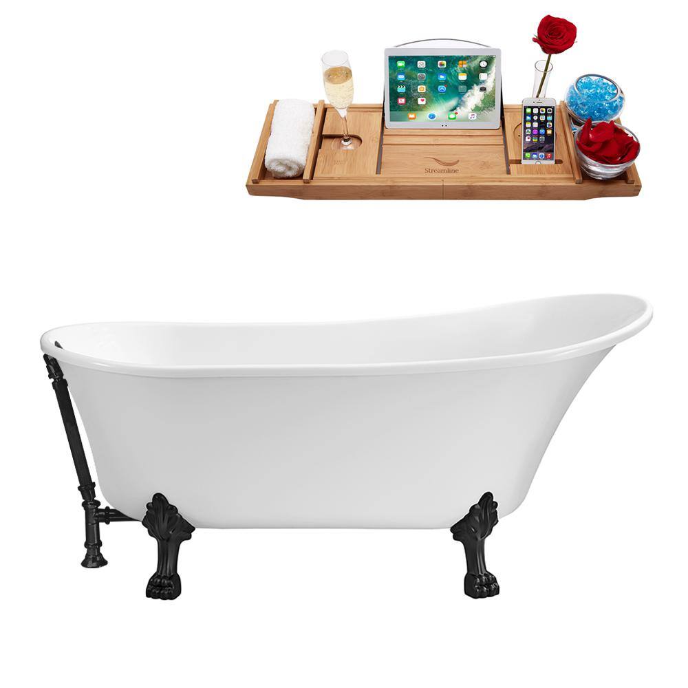 Streamline 55 in. Acrylic Clawfoot Non-Whirlpool Bathtub in Glossy White With Matte Black Clawfeet And Matte Black Drain N343BL-BL