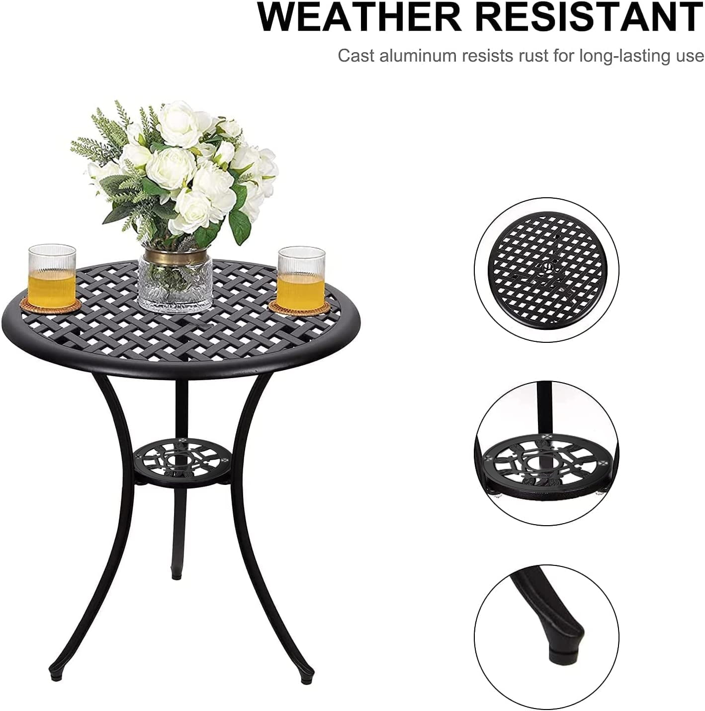 Polar Aurora 3 Piece Cast Aluminum Patio Bistro Set Table Outdoor Round Dining Armchair with Umbrella Hole for Porch， Lawn， Garden， Backyard， Pool， Black