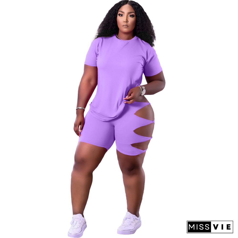 Fashing Solid Women Clothing Round Neck Short Sleeve T Shirt Bodycon Hole Biker Shorts Two Piece Outfit