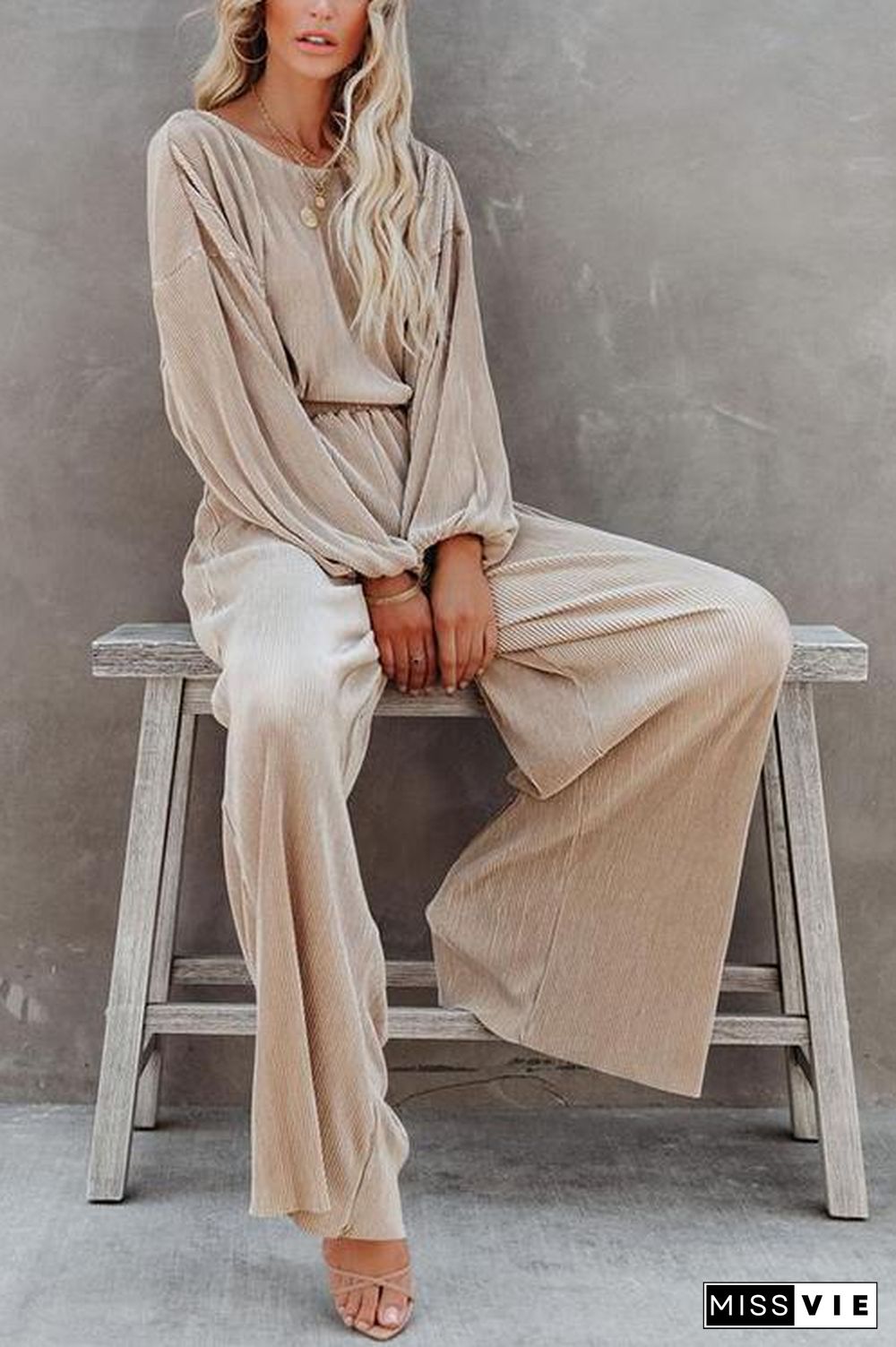 Pleated Crop Blouse Wide Leg Pants Set