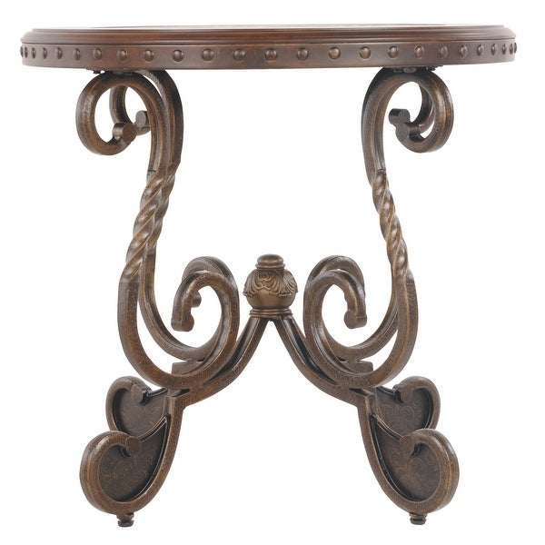 Round End Table With Nailhead Accented Top and Scrolled Base， Brown - 24.88 H x 26.63 W x 26.63 L Inches