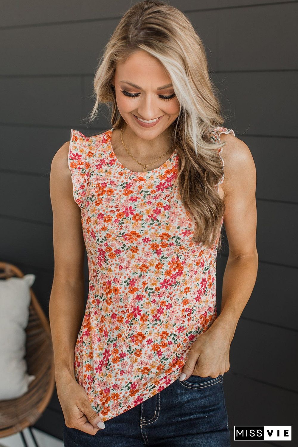 Red Floral Ribbed Knit Frill Tank Top