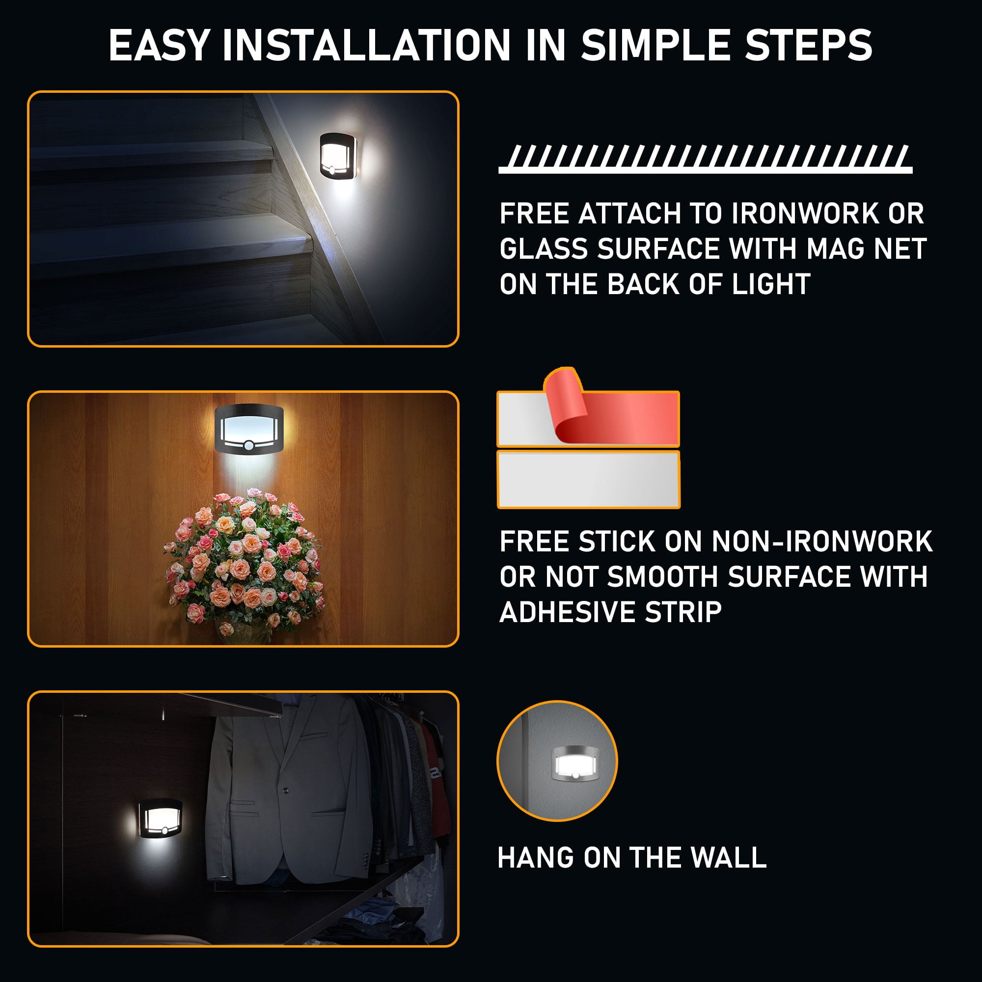 Motion Sensor Wireless Night Light 2 Sets Motion Activated Touchless Dimming Control Stick-Anywhere Closet Lights Stair Lights， Wall Lights for Hallway， Bathroom， Bedroom， Kitchen