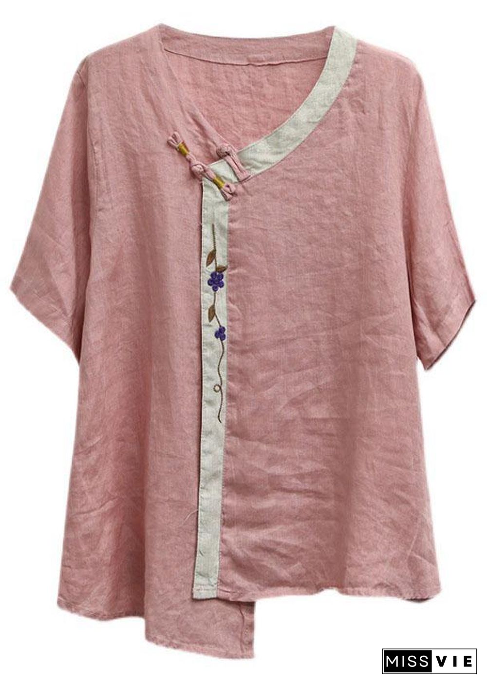 Casual Purple Embroideried Asymmetrical Design Patchwork Summer Linen Blouse Top Short Sleeve