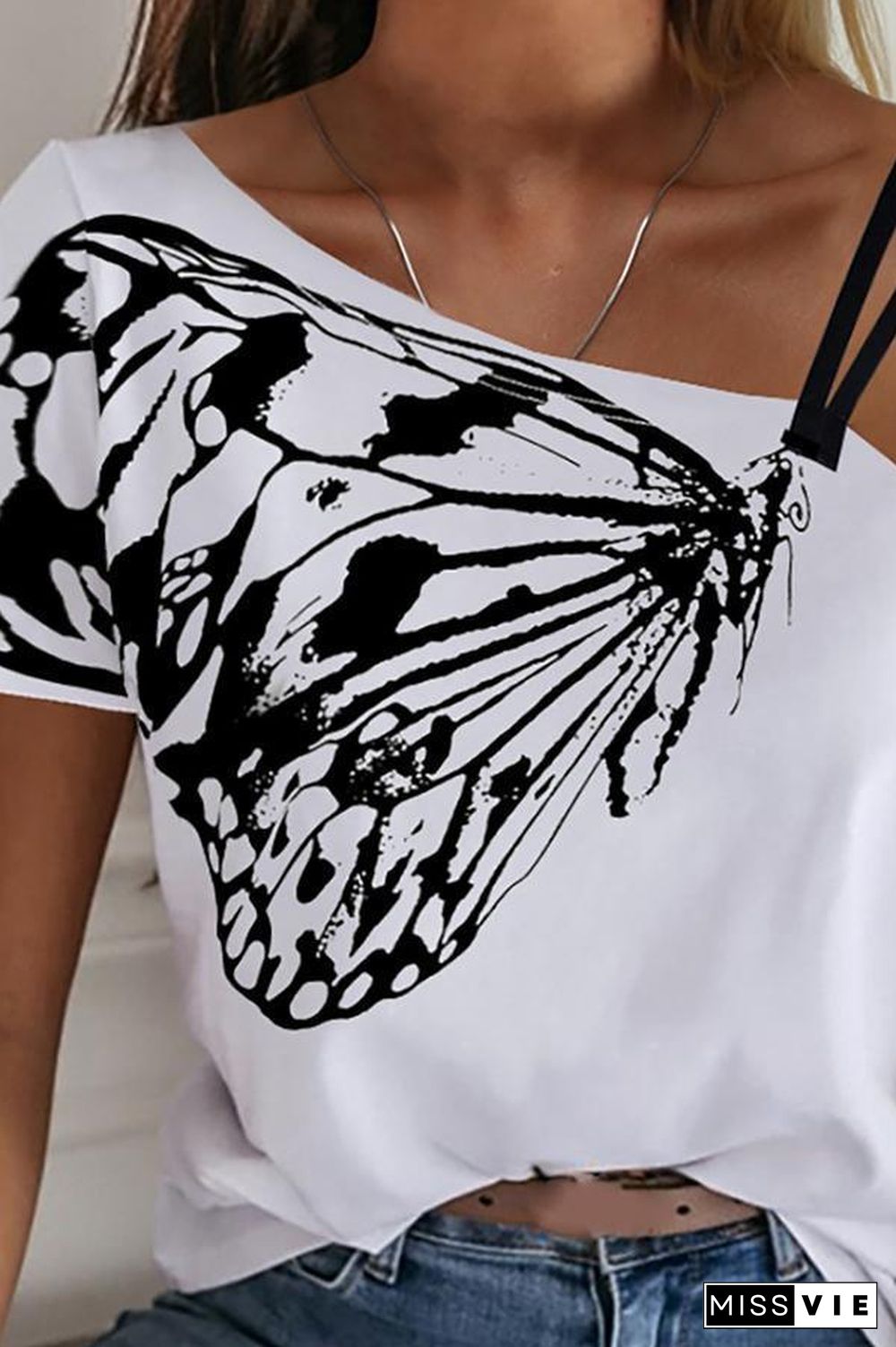 Butterfly Printed One-shoulder Strap T-shirt (2 Colors) P10388