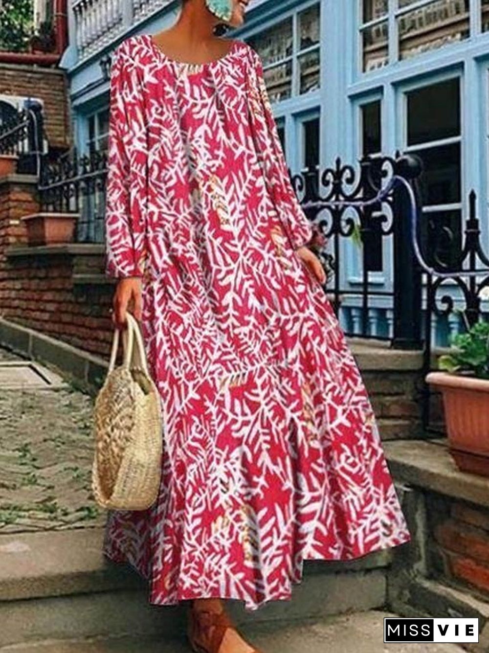 Summer Printed Long Sleeve Dress Long Skirt