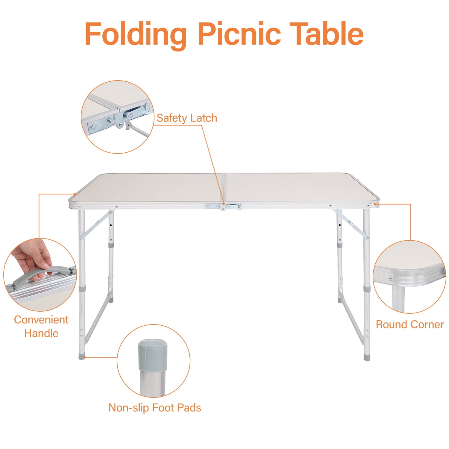 Outdoor Folding Table， Adjustable Height Aluminum Portable Tables w/ Handle， BBQ Folding Work Table， Folding Table for Indoor Outdoor Picnic Party Dining Camping Meeting， 47