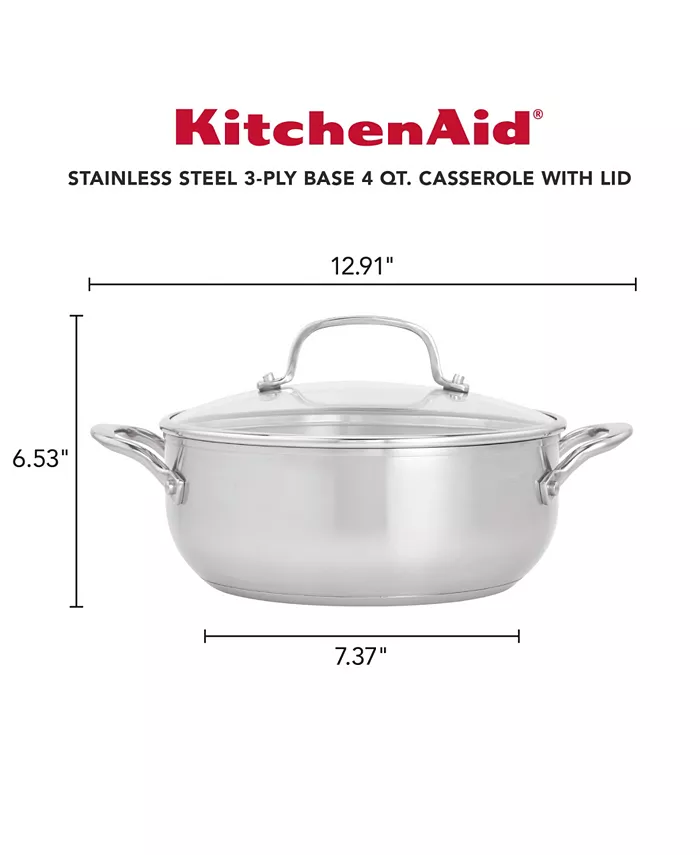 KitchenAid 3-Ply Base Stainless Steel 4 Quart Induction Casserole with Lid