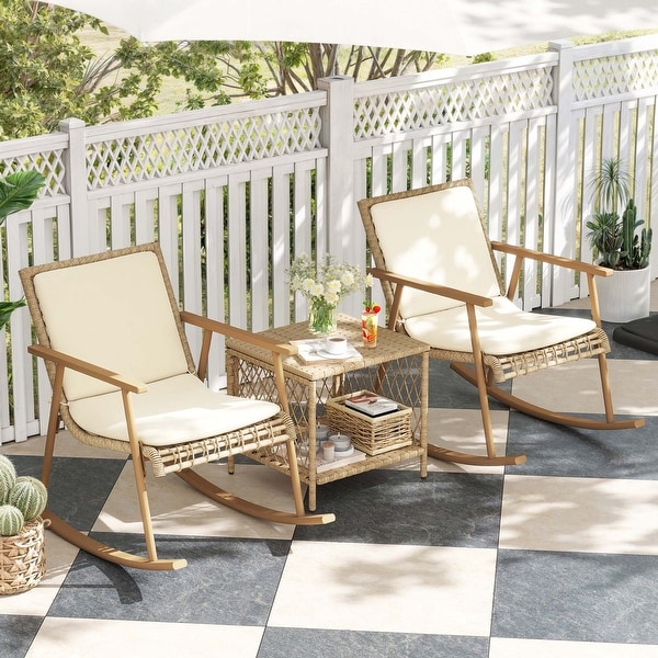 Moasis 3Pieces Wicker Bistro Set Outdoor Rattan Furniture with Beige Cushion and Coffee Table