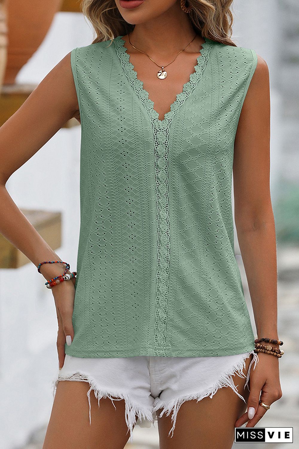 Plain V Neck Lace Edge Eyelet Pattern Tank Top