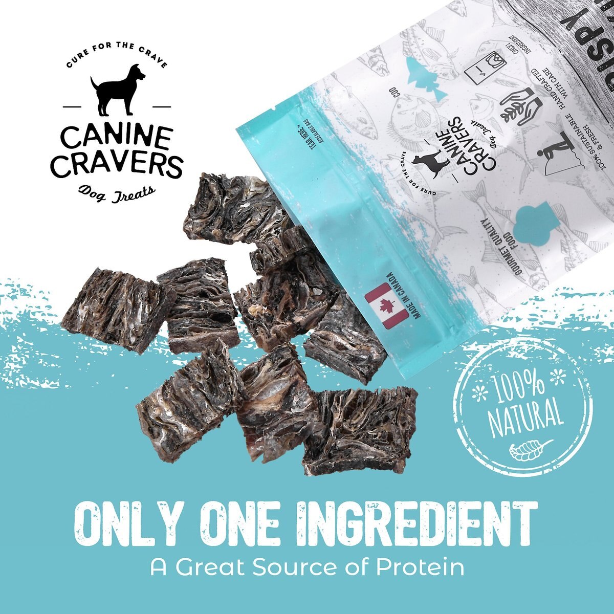 Canine Cravers Crispy Cod Skins Dehydrated Dog Treats， 4-oz pouch