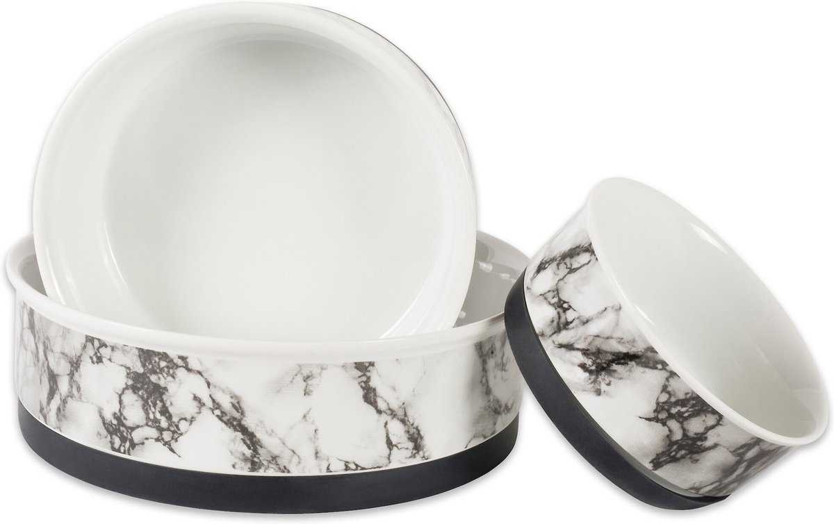 Bone Dry White Marble Dog Bowl Set， 2 count