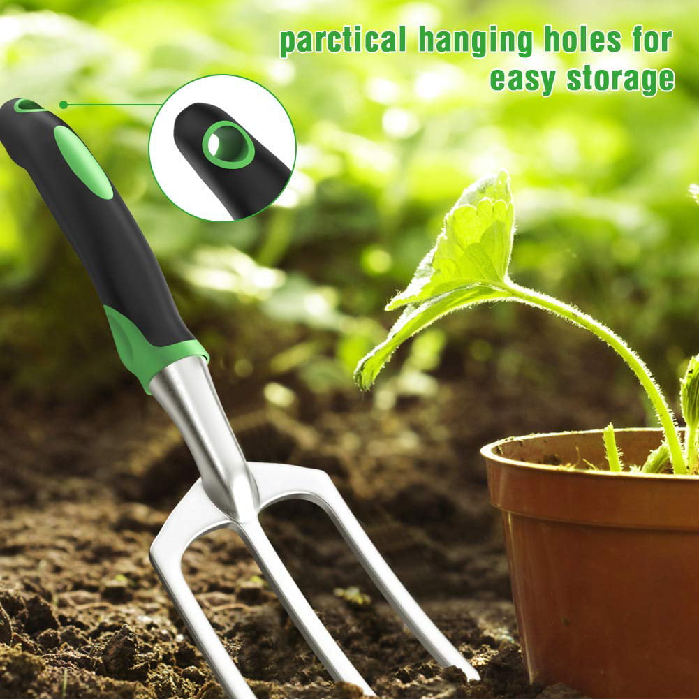 Koovon 7 Pcs Garden Tool Set with Aluminum Head Non-Slip Handle Includes Trowel Transplanting Cultivator Weeding Fork Garden Bag Gloves, Green