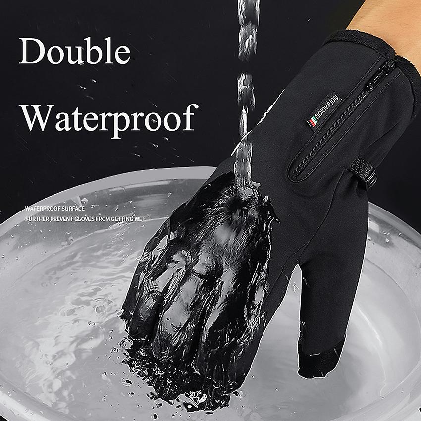 Winter Waterproof Gloves Windproof Anti-slip Zipper Large Men Sport Riding Skiing Warm Fluff Comfortable Black Gloves Thickening