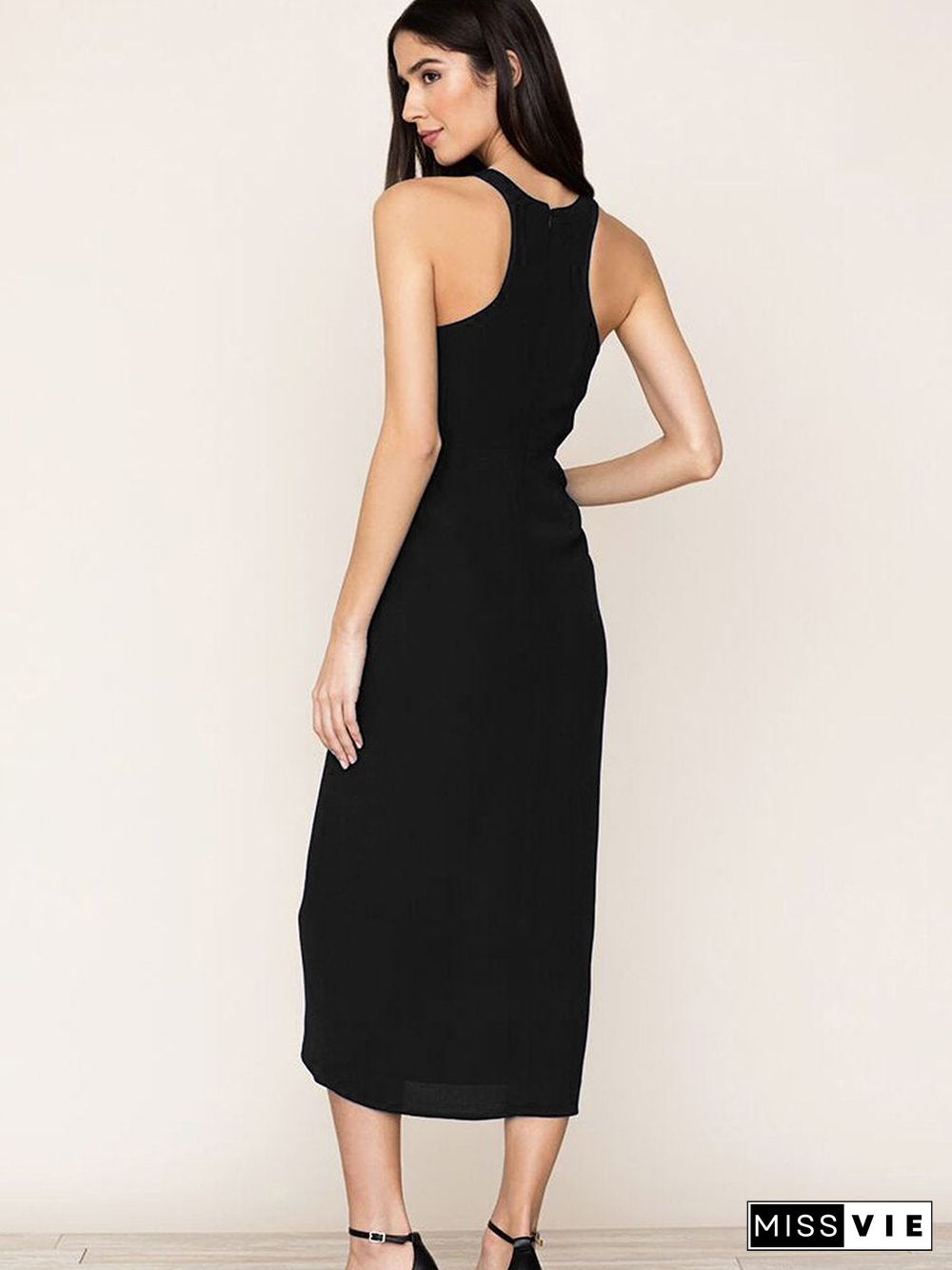 Black So Social Round Neck Sleeveless Irregular Hem Midi Dress