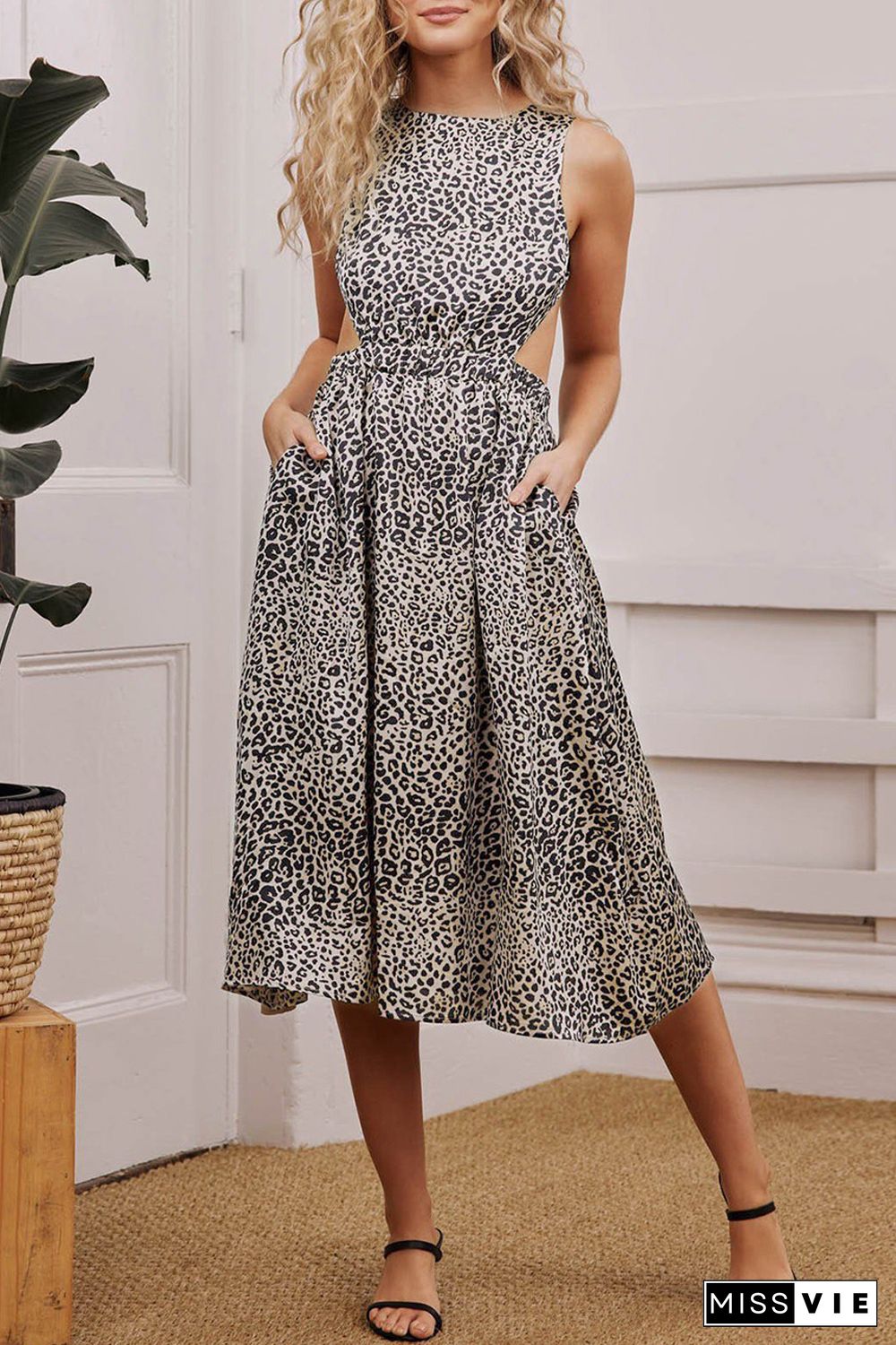 Leopard Print Cut-out Open Back High Waist Midi Dress