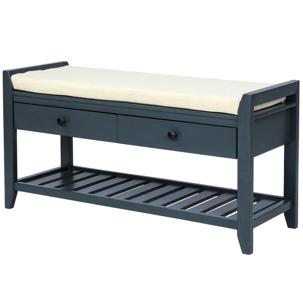 Harper  Bright Designs Entryway Blue Storage Bench with Cushioned Seat Drawers and Shoe Rack 19.8 in. H x 39 in. W x 14 in. D WF195386AAM