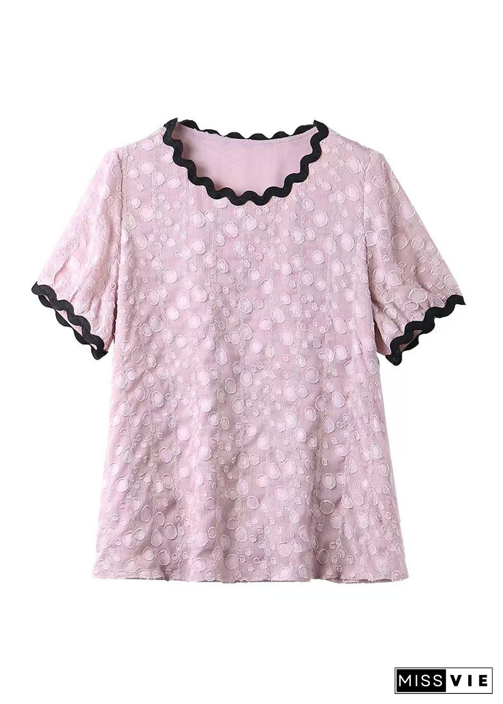 Pink Patchwork Cozy Chiffon T Shirts Puff Sleeve