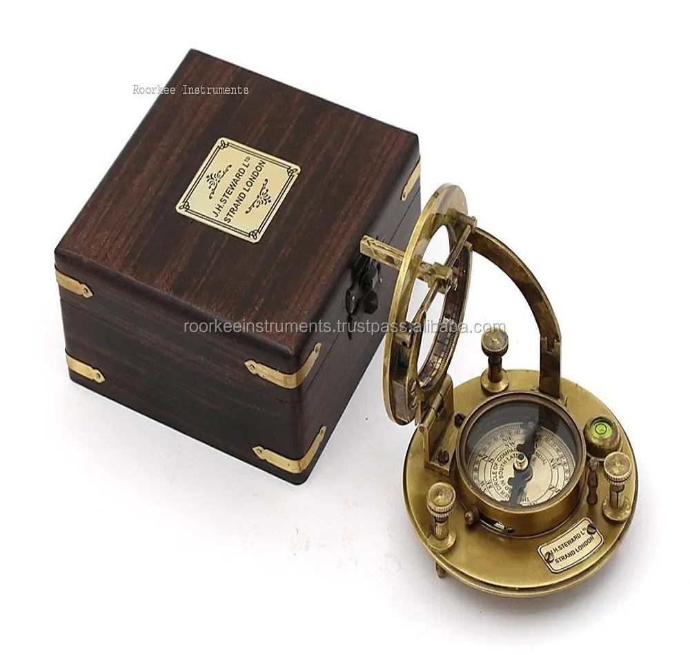 Vintage Brass Compass with Wooden Box/J.H. Steward Directional Magnetic Compass /Sundial Pocket Compass f