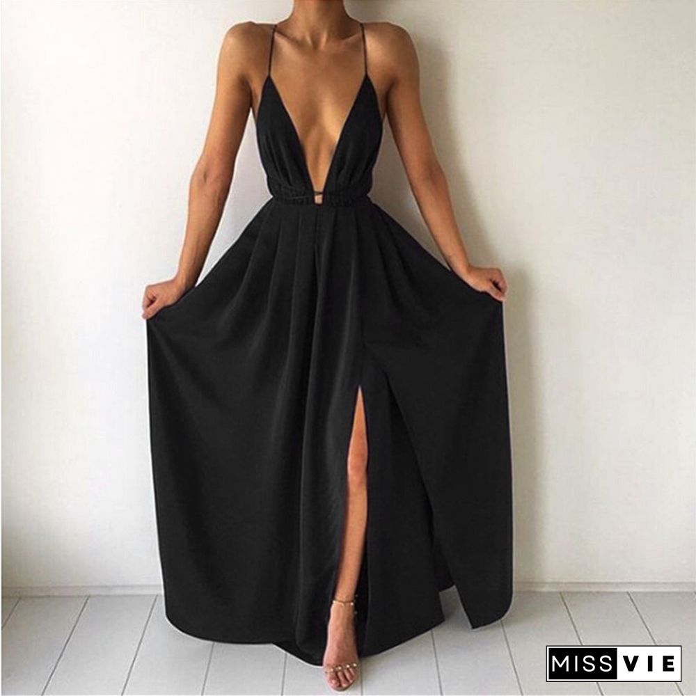 Fashion Sexy V-neck Low Chest Suspender Backless Women's Chiffon Dress