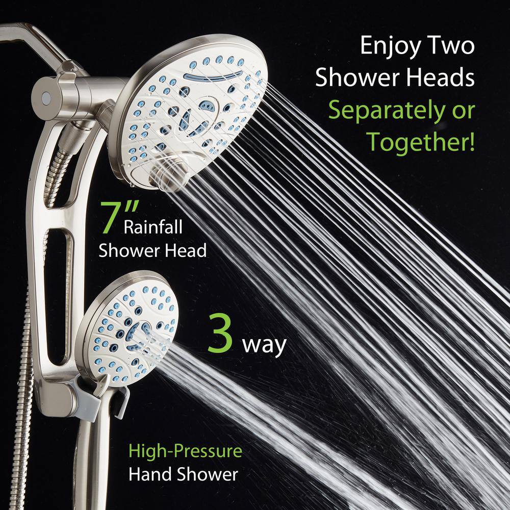 AQUACARE 80-Spray Patterns 2.5 GPM 7 in. Wall Mount Dual Shower Heads and Handheld Shower Head Antimicrobial in Satin Nickel 43266