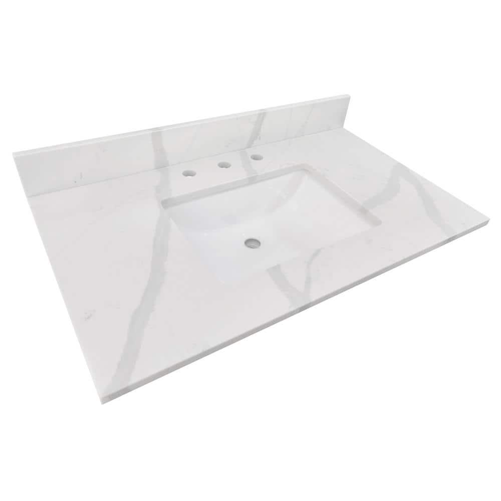 Home Decorators Collection 37 in W x 22 in D x 075 in H Quartz Vanity Top in Statuario White with White Basin