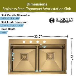 S STRICTLY KITCHEN + BATH TMR5050WS-Gold 16 Gauge Stainless Steel 33 in. Double Bowl Drop-In Workstation Kitchen Sink with Square Drains TMR5050WS-G