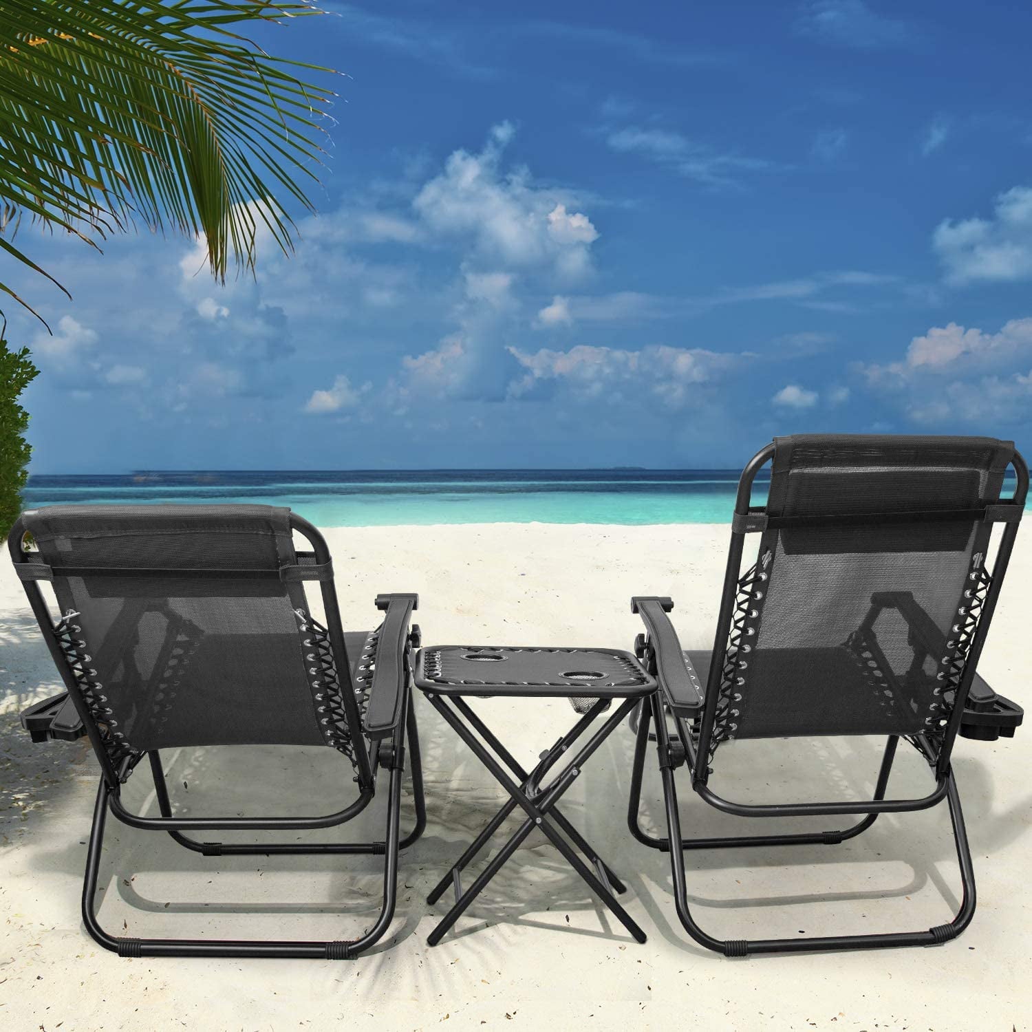 Lacoo Zero Gravity Chair Set with Table and Cup Holders Adjustable Lounge Chair for Poolside, Yard and Patio, Black