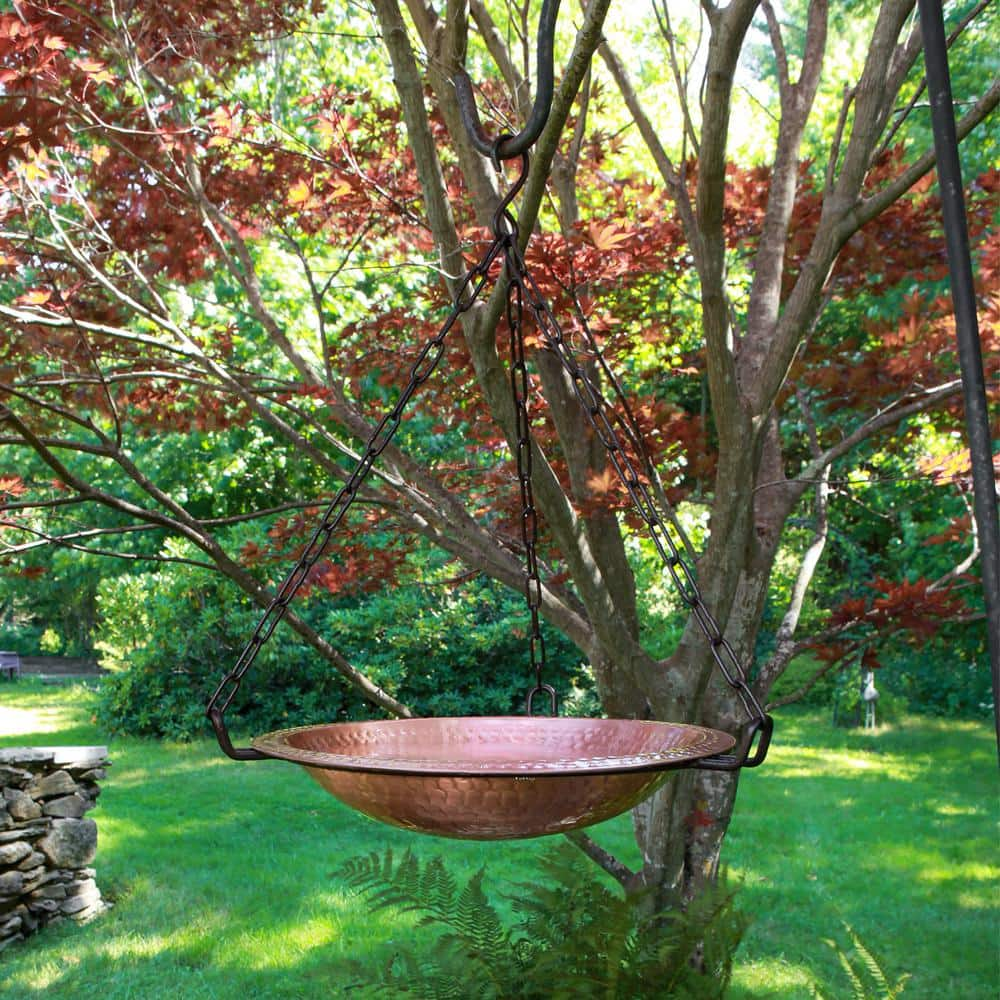 ACHLA DESIGNS 19.5 in. H Round Satin and Black Solid Copper/Wrought Iron Hanging Birdbath Bowl， Garden Accent， Outdoor Accessory BBH-03CP