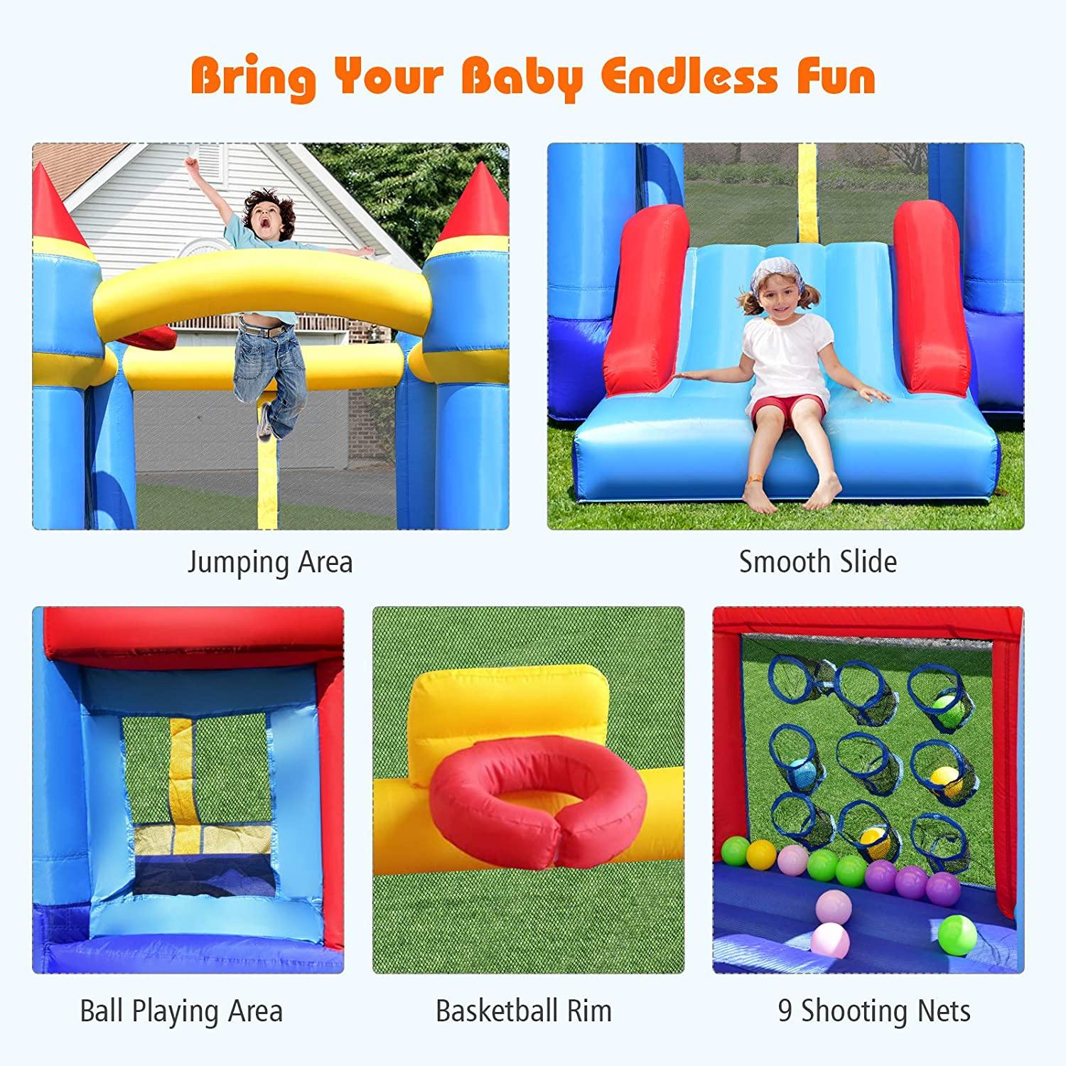 Inflatable Bounce House, Kids Jumping Slide Bouncer w/Basketball Rim