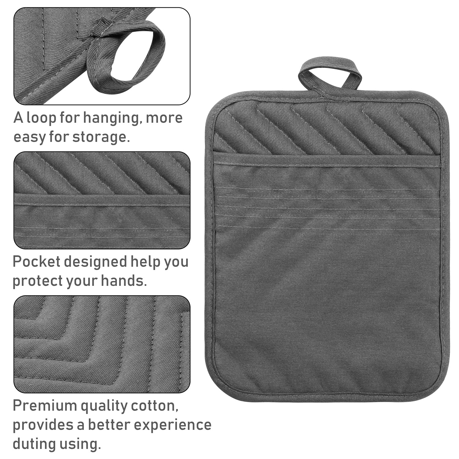 GROBRO7 5Pack Pocket Pot Holders Cotton Heat Resistant Potholder Multipurpose Hot Pads Machine Washable Oven Mitts Terry Cloth Potholders Bulk for Daily Kitchen Baking and Cooking 8.9 x 6.9 Inch Grey