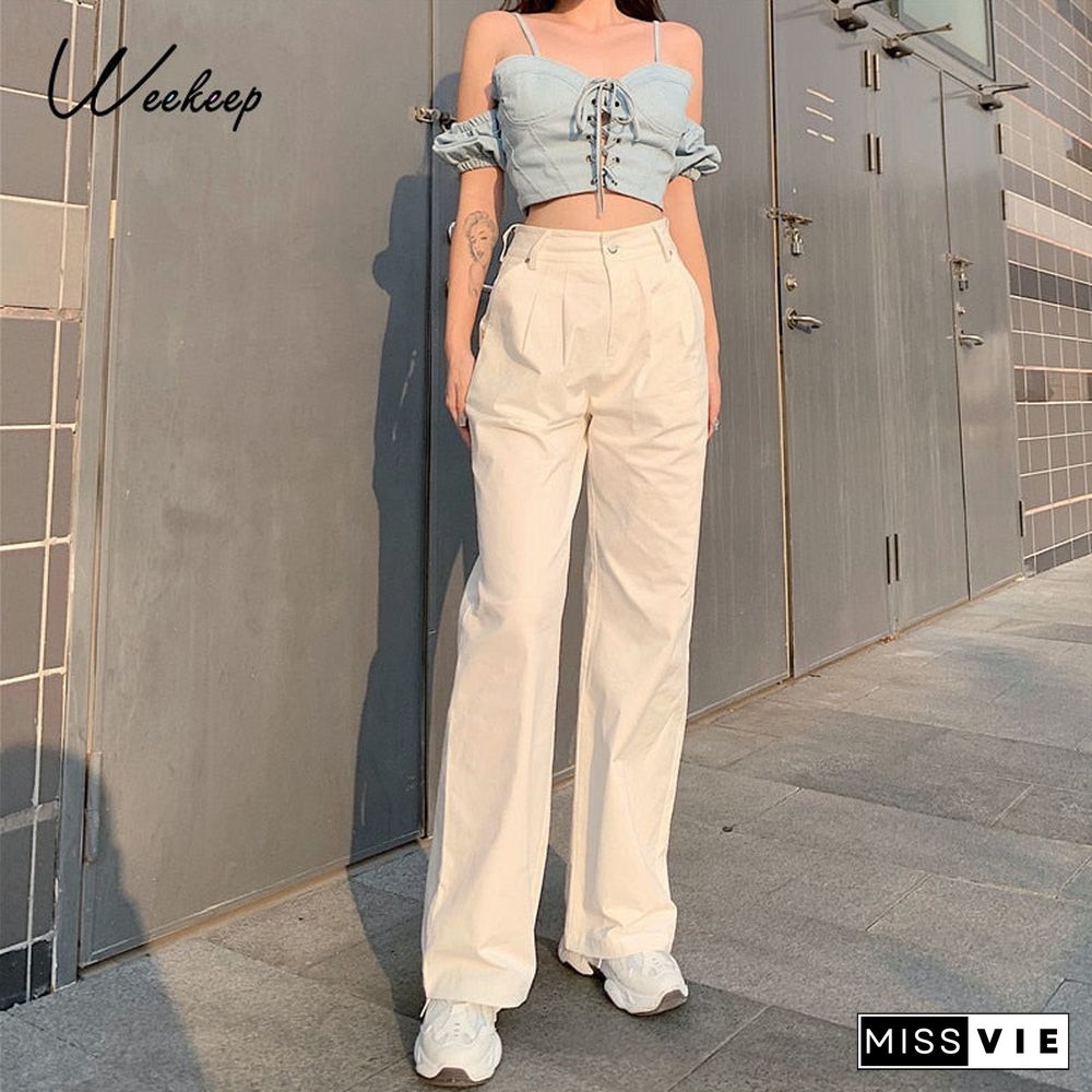 Weekeep Pleated White Solid Women's Jeans Streetwear High Waist Button Denim Pants Vintage Straight Harajuku Basic Trousers