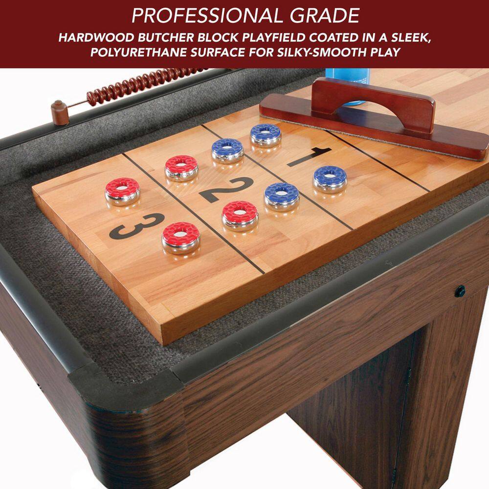 Hathaway Challenger 9 ft. Shuffleboard Table w Walnut Finish Hardwood Playfield Storage Cabinets BG1205