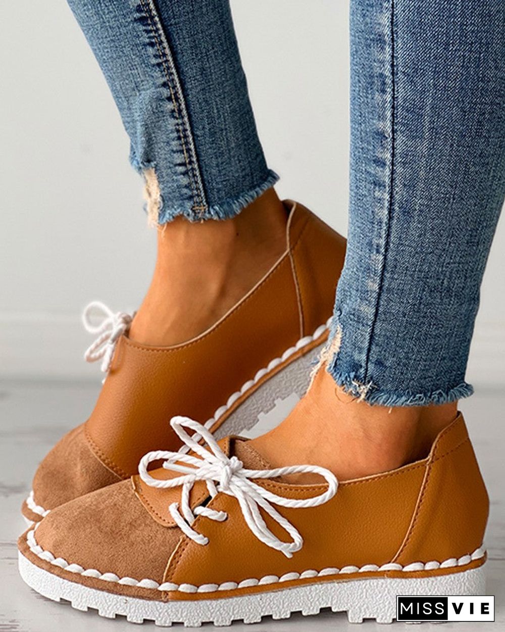 Colorblock Lace-up Casual Slip-On Flats