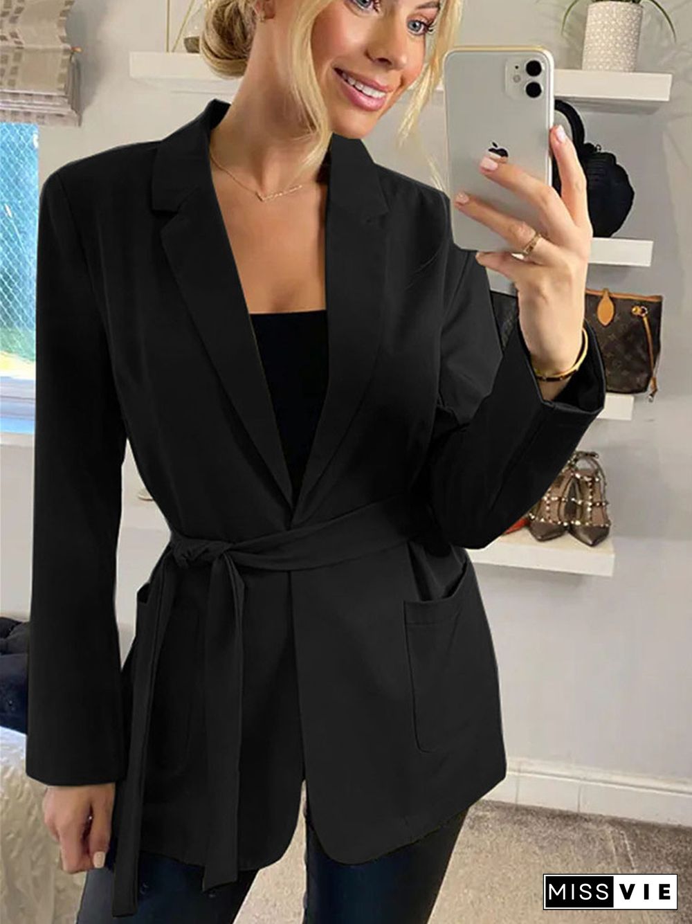 Autumn Elegant Women's Blazer Jacket Winter Blazer Female Office Black Fashion Waist Slimming Belt Jacket Women Casual Coat