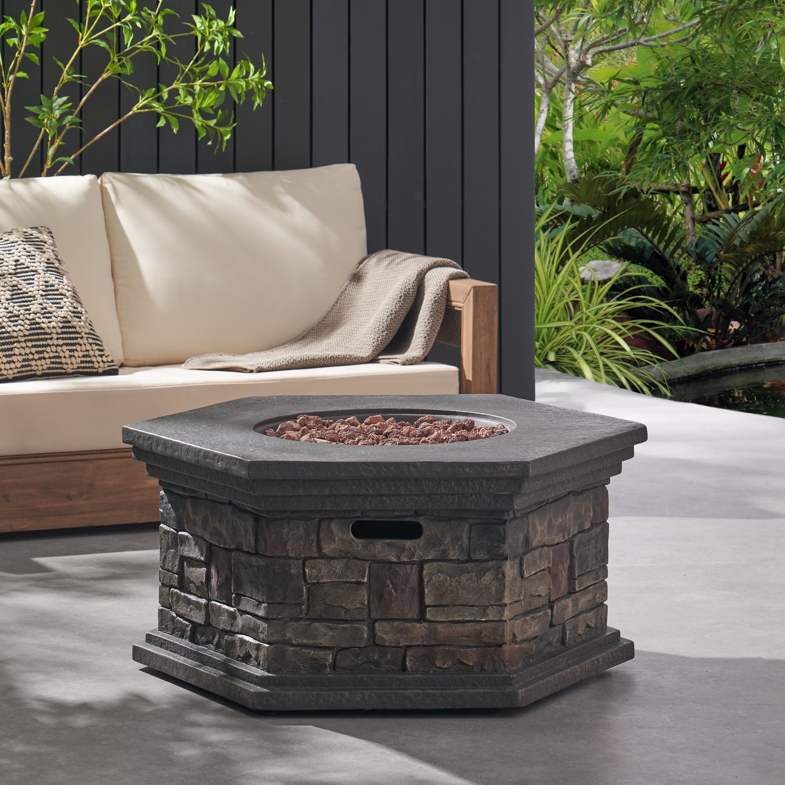 Troy Outdoor 40,000 BTU Lightweight Concrete Octagonal Fire Pit (No Tank Holder), Stone Finish