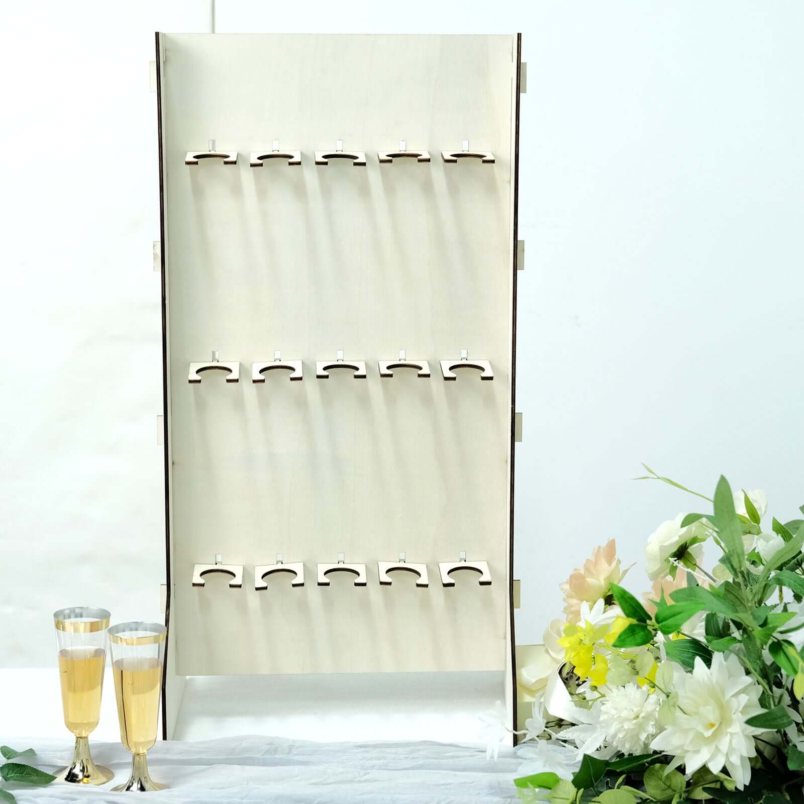 3-Tier Wooden Champagne Glass Flute Holder Wall Stand Rack, 15 Glass Drinks Shelf, Floor Standing Rectangular Drinks Rack