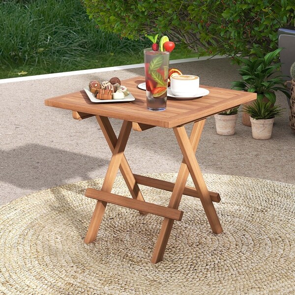 1/2 PC Patio Folding Table Indonesia Teak Wood Square Slatted Tabletop Portable